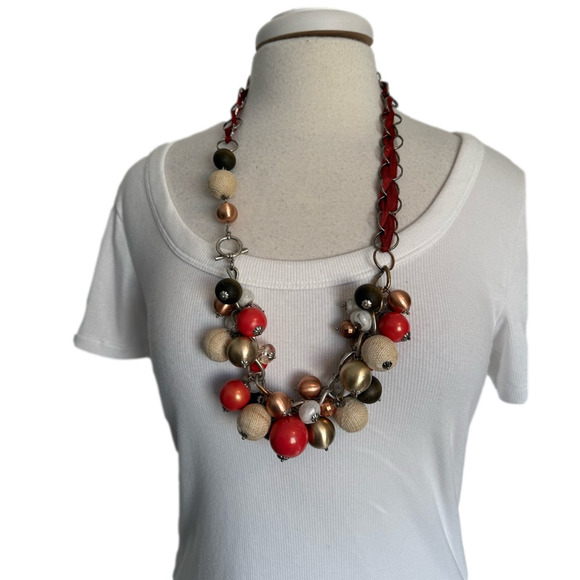 Chico's Colorful Statement Chunky Bead Mixed Material Orange Necklace BOHO - Picture 1 of 8